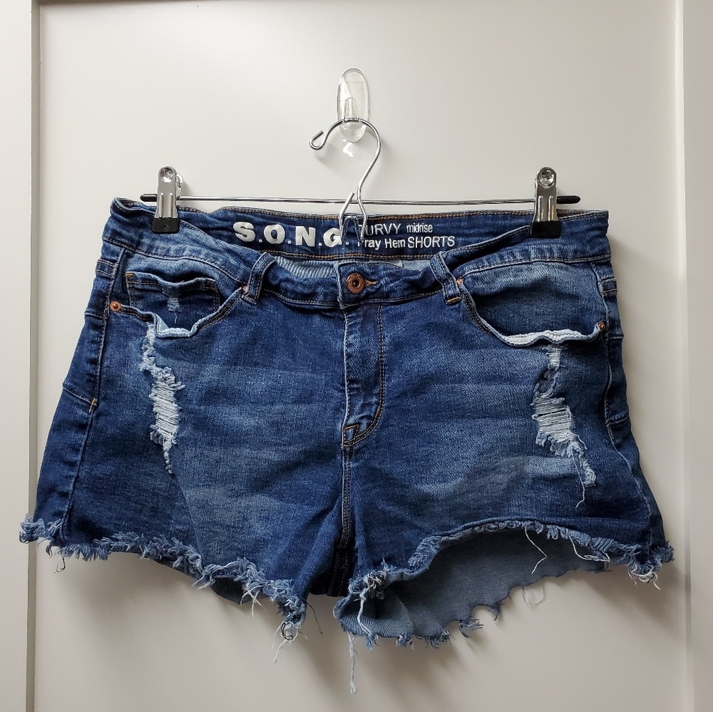 S.O.N.G. Curvy Midrise Frayed Hem Denim Shorts